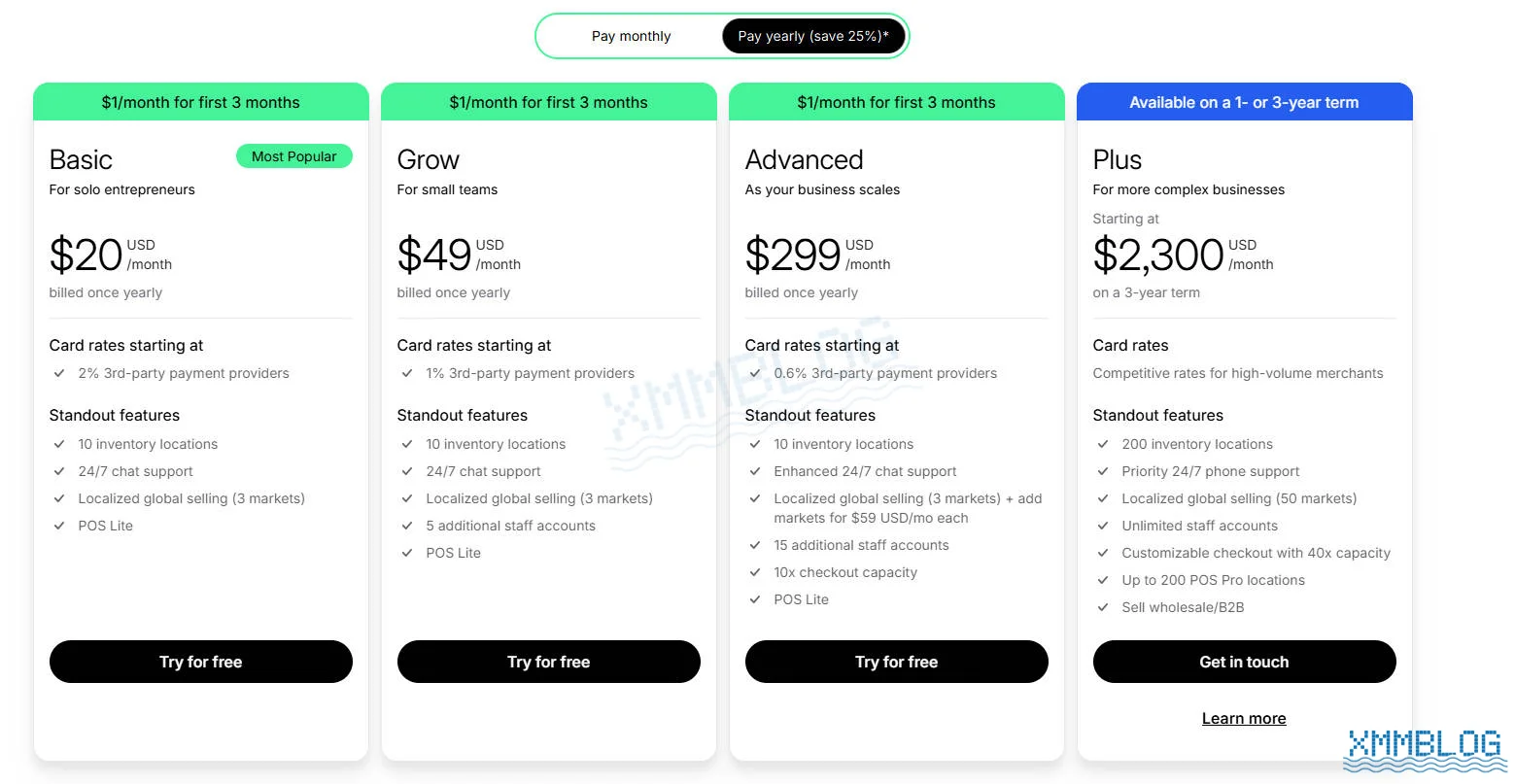 Shopify最新套餐定价-20250410
