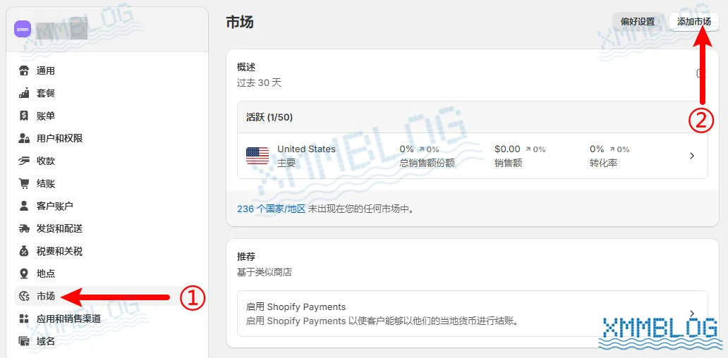 Shopify设置页面-点击添加市场