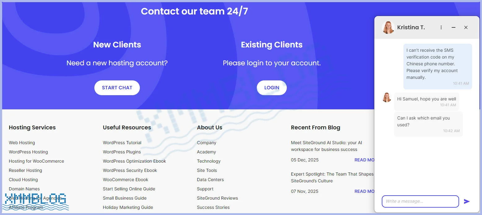 SiteGround客服对话框