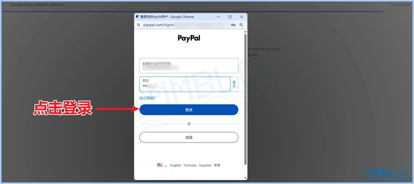输入PayPal账户信息